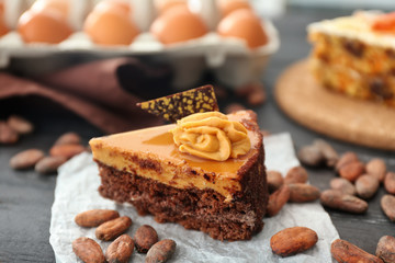 Tasty chocolate cake on table