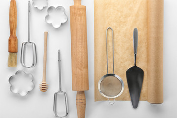 Kitchen utensils for pastries on white background