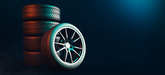 Tires 5 lines on a black background. 3d render and illustration.