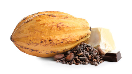 Cocoa pod and products on white background