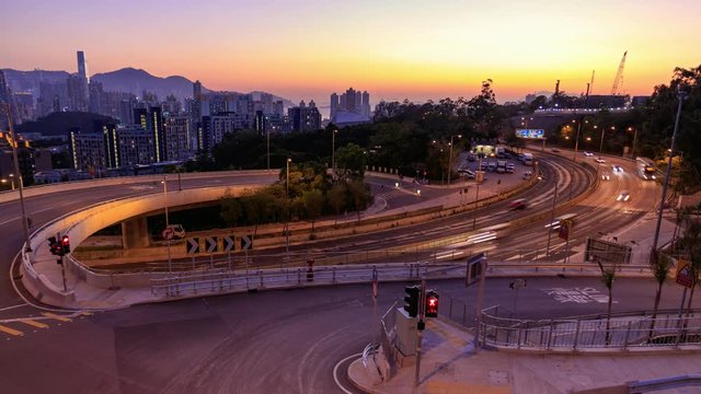 Traffic on multiple lane highway with motion blur in Hong Kong at dusk - Time lapse