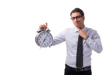 Young businessman in time management concept on white background