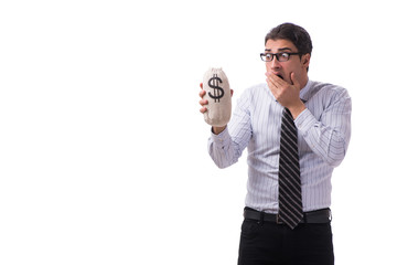 Young businessman with money sack isolated on white background