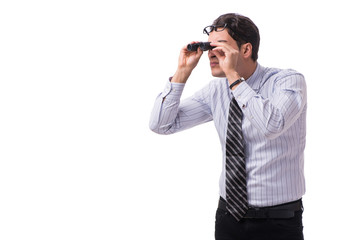 Young handsome businessman looking into future with binoculars - obrazy, fototapety, plakaty