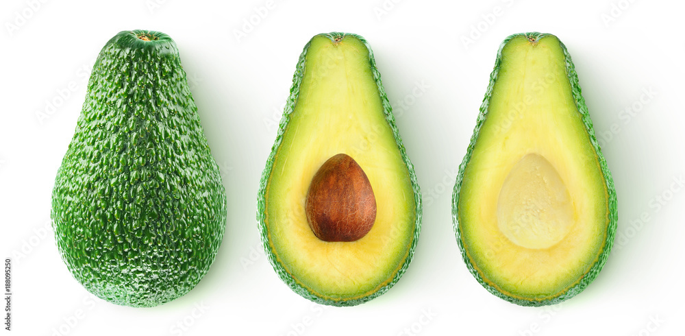 Fototapete isolated avocado. whole avocado fruit and two halves in a row isolated on white background with clip