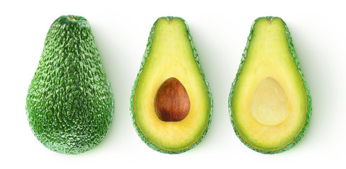 Isolated avocado. Whole avocado fruit and two halves in a row isolated on white background with clipping path