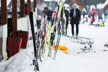 Skiing and equipment in the snow in the resort