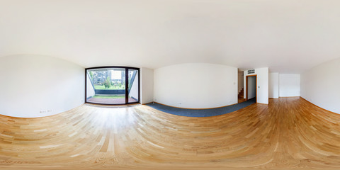 360 panorama view in modern white empty loft apartment interior, living room, full 360 by 180...