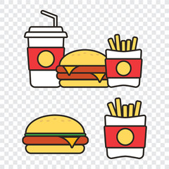 Fast food snacks and drinks flat vector icons. Fastfood icons. Snack bag vector food