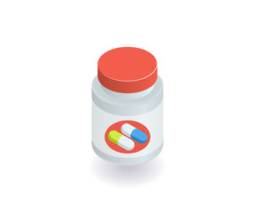 Bottles with pills and capsules icon. Vector illustration in flat isometric 3D style.
