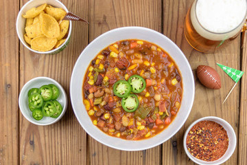 Overhead view of chili for Super Bowl Sunday