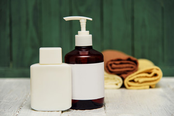 Bottle and bottle with napkins, concept of spa and skin care