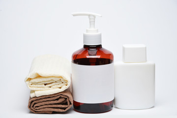 Flacon and bottles cosmetic cream jar on white background