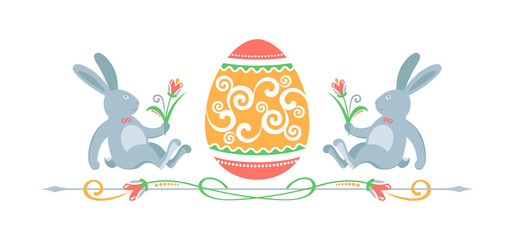 Colorful Easter decorative greeting frame with rabbits, curls, egg and tulips flowers. Vector illustration, isolated on background.