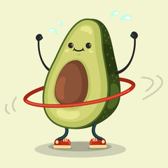 Cute Avocado cartoon character doing exercises with hula hoop. Eating healthy and fitness. Flat retro style illustration concept.