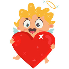 Cute cupid holding big red heart. Valentine's Day symbol. Cartoon vector illustration isolated on a white background.