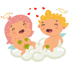 Cute couple cupid sitting on a cloud and having fun and little hearts around. Valentine's Day symbol. Cartoon vector illustration isolated on a white background.