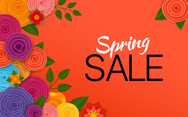 Spring sale Vector banner. Abstract flowers on red background