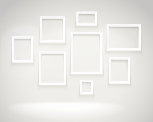 Photoreal bright gallery with picture frames. Presentation vector template