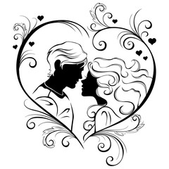Silhouette of young couple framed in heart-shaped.