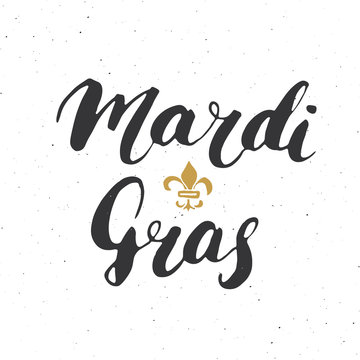 Mardi Gras Calligraphic Lettering. Typographic Greeting Card Design. Calligraphy Lettering for Holiday Greeting. Hand Drawn Lettering Text Vector illustration isolated on white background