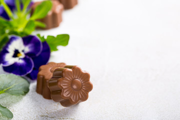 Fototapeta na wymiar Chocolate candies in flower shape with violets. Holiday food concept with copy space.
