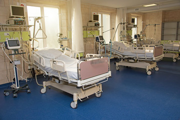 Resuscitation ward with modern medical beds for injured and modern equipment in the regional hospital