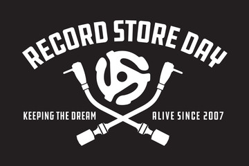 Record Store Day Badge or Emblem Vector Design. Black and white design featuring crossed turntable tone arms and record spindle adaptor with the words Record Store Day.