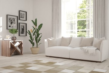 Idea of white room with sofa and summer landscape in window. Scandinavian interior design. 3D illustration