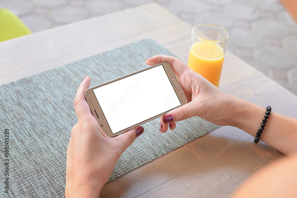 Poster girl watching video or play game on mobile phone in horizontal position. isolated screen for app moc