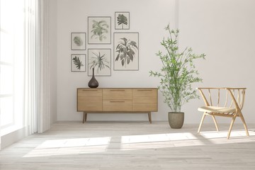 Inspiration of white minimalist room with chair. Scandinavian interior design. 3D illustration
