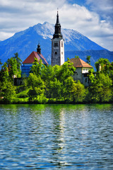 Bled Lake with Castle and Mountains in Background