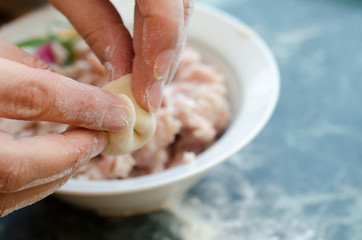 The process of making delicious home-made dumplings with meat.