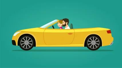 Rollo Cabriolet with couple side view . Vector flat style illustration. © lyudinka