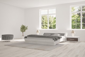 Inspiration of white minimalist  bedroom with summer landscape in window. Scandinavian interior design. 3D illustration