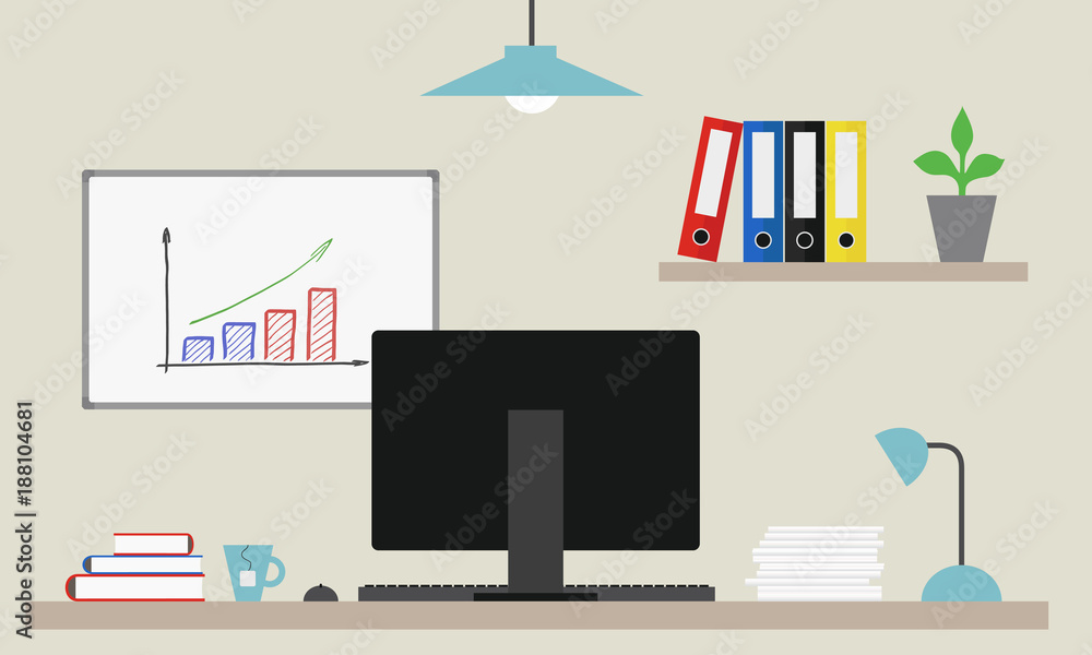 Poster office with computer on desk and board with growing graph