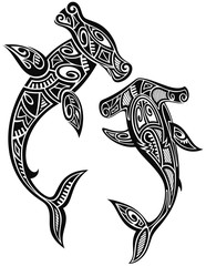 Hammer sharks tattoo in Maori tribal style