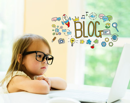 Blog text with little girl using her laptop