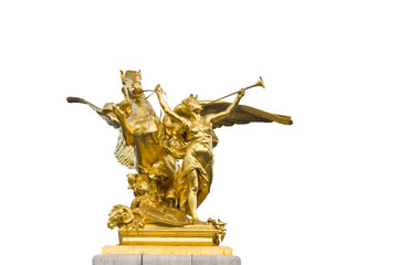 Sculpture detail of Fame restraining Pegasus on Pont Alexandre III bridge in Paris France isolated...