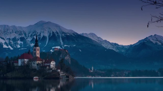 bled lake island time lapse from night to day zoom out