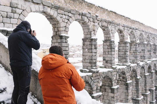 snowy aqueduct of Segovia, Spain