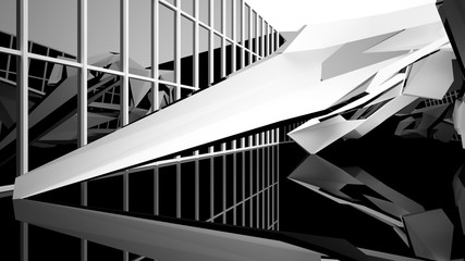 Abstract white and black interior multilevel public space with window. 3D illustration and rendering.
