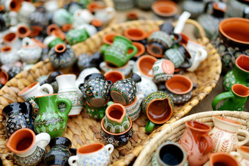 Ceramic dishes, tableware and jugs sold on Easter market in Vilnius