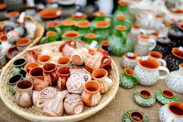 Ceramic dishes, tableware and jugs sold on Easter market in Vilnius