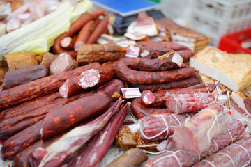 Selection of assorted home made sausages on a farmer's market in Vilnius, Lithuania.