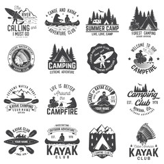 Set of canoe, kayak and camping club badge - obrazy, fototapety, plakaty