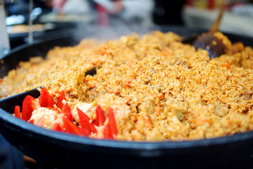 Delicious rice with meat being cooked at one of the stalls on the traditional spring market in Vilnius, Lithuania