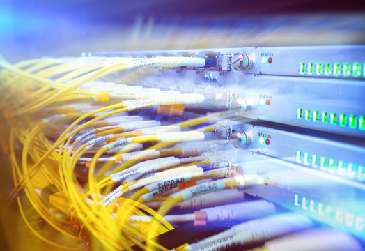 Rack Mounted Servers In A Server Room, Server rack audio cable. Severs computer in a rack at the large data center. Fiber Optical connector interface for Cards Equipment DWDM telecommunications