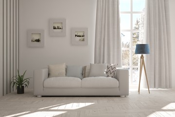 White room with sofa and winter landscape in window. Scandinavian interior design. 3D illustration