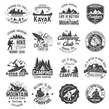 Set of canoe, hiking, kayak and camping club badge